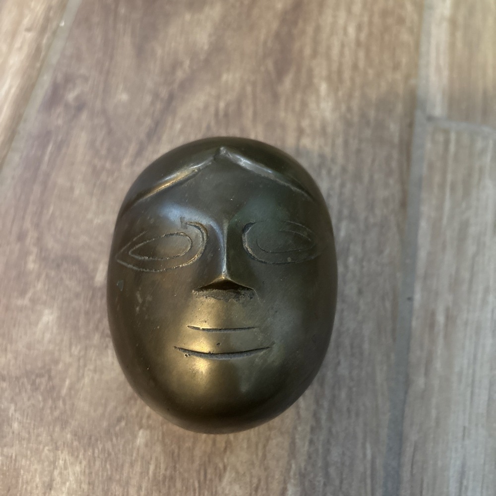 Antique Original Brass Hindu Goddess Gauri Head Statue Engraved Oval Box